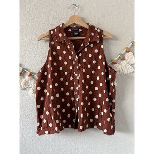 Gap Linen Blend Polka Dot Brown Sleeveless Button Up Top Boho Preppy Coastal L